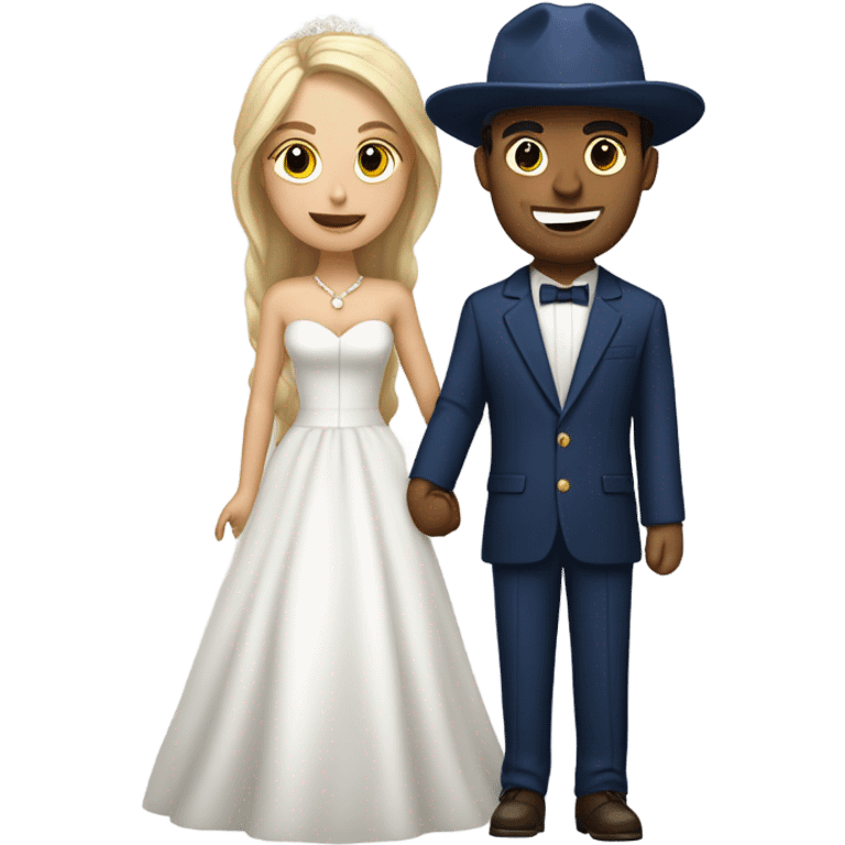 Puerto rican beard short hair with blue hat and navy blue suit getting Married with blond long hair girl with white  wedding dress  emoji