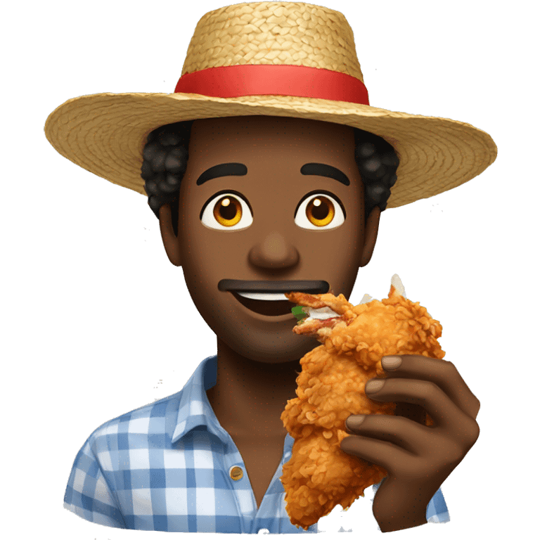 Black man eating spicy fried chicken while wearing a straw hat emoji