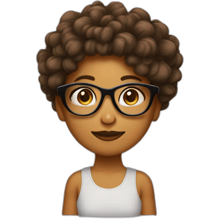 chica pelo negro pelo rizado con un moño alto con gafas y pero recogido con un moño emoji