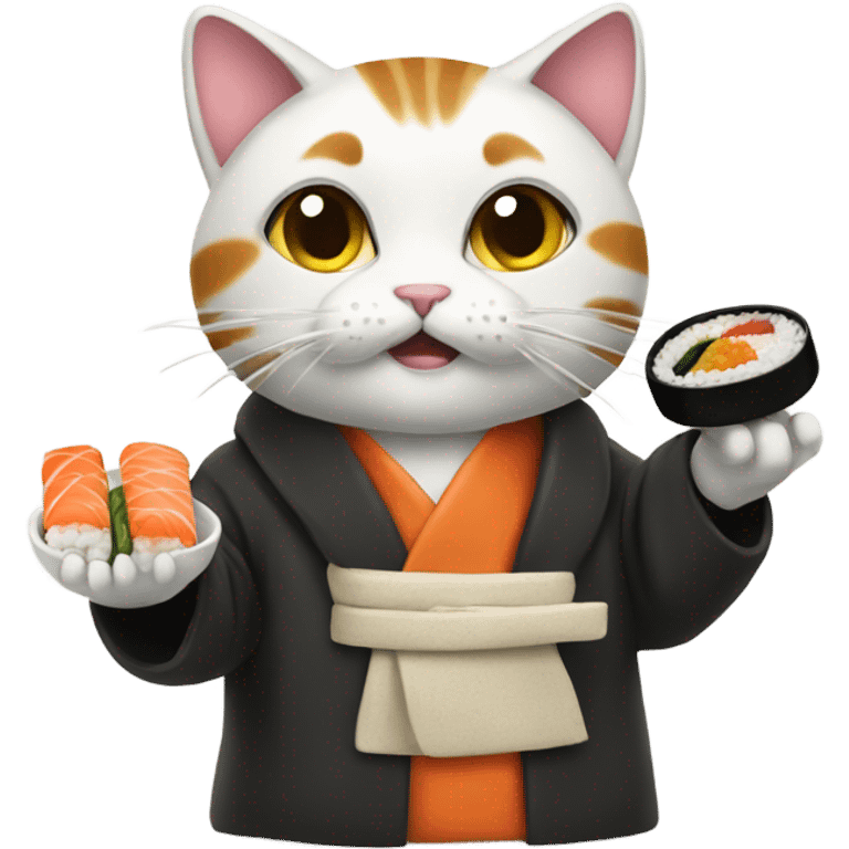 cat wearing a big coat eating sushi emoji