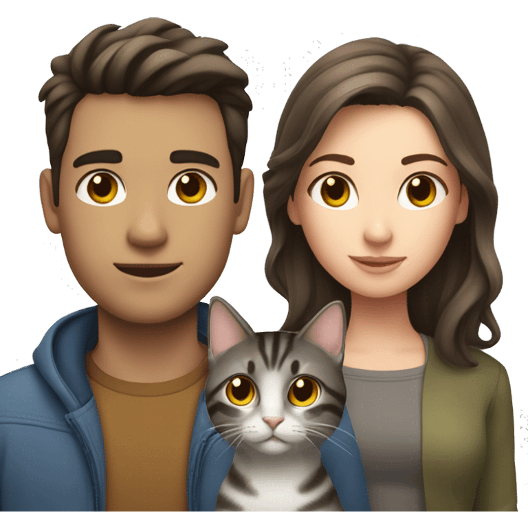 a brunette guy with fair skin, next to him a brunette girl with fair skin and between them a gray tabby cat emoji