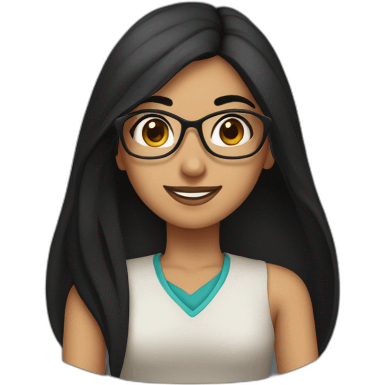 Arabe girl With glasses with long black straight hair and thick eyebrow long nose smile emoji