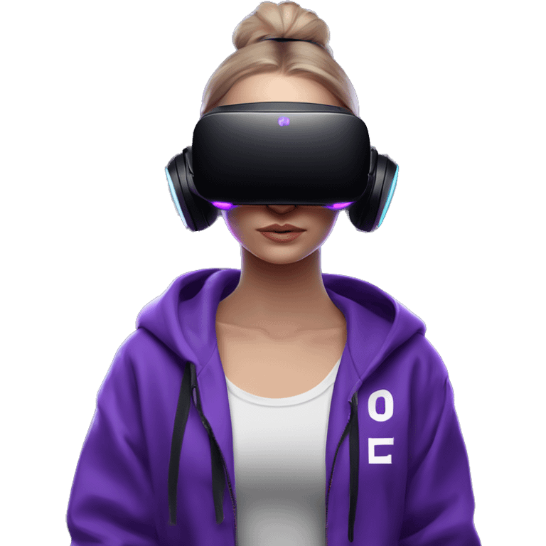 Russian girl wearing black hoody with violet letters "OMG", in vr headset oculus quest2. Standing like jedi. Cyberpunk style. Violet neon. emoji