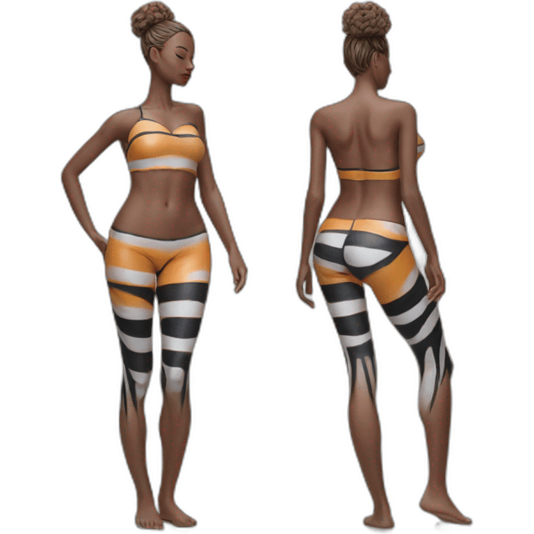 Hyper-realistic plastic fitness model in striped body paint from behind emoji