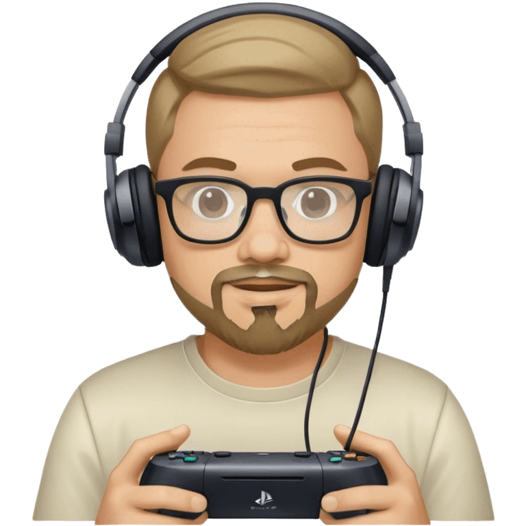 Muchacho guapo tez moreno claro con barba de candado con lentes con audífonos jugando playstation emoji