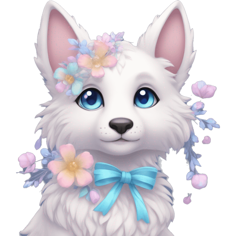 Anthro Cute Cool Pastel Kawaii gorgeous sparkly ethereal fantasy animal creature with blue eyes furry sona with flowers and ribbons beautiful aesthetic emoji