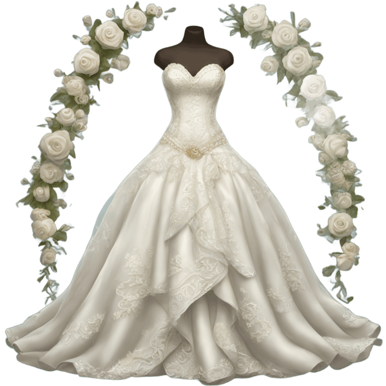 Hyper Realistic ornate 
Whimsical Wedding dress displays emoji