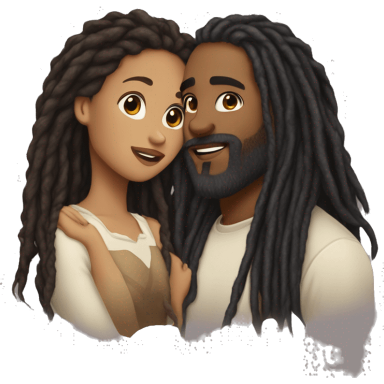 A lightskin woman long black dreadlocks with a brown skin man with a beard and long dreadlocks kissing her cheek emoji