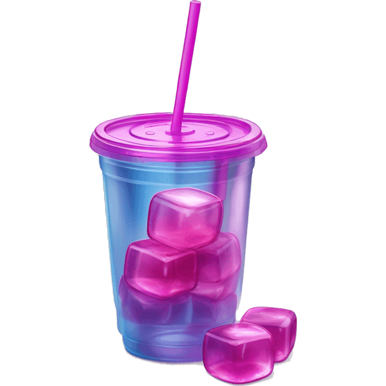 Realistic plastic cup and lid with Transluscent magenta soda and large ice cubes inside and one straw through the top of the lid. emoji