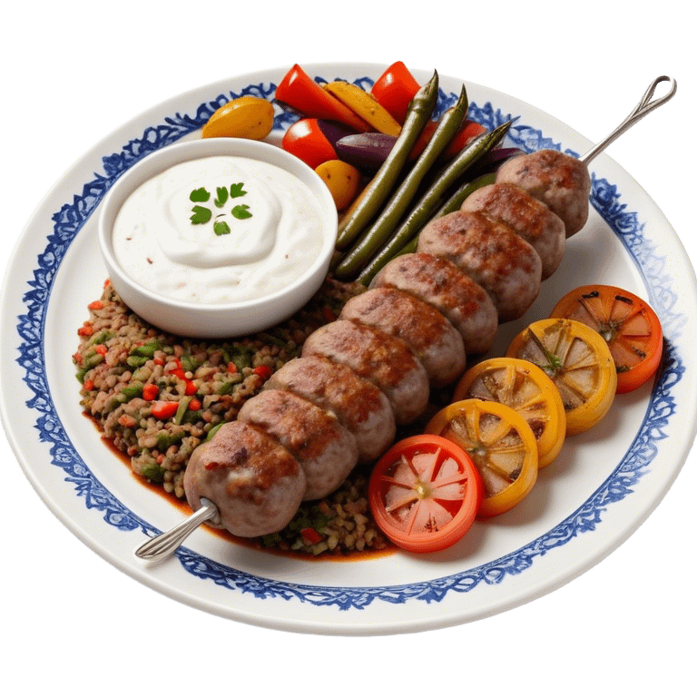 Cinematic Realistic image of a long, hand shaped Turkish Köfte, rendered with richly spiced meat textures and subtle grill marks, artfully arranged on a traditional Turkish ceramic plate alongside classic sides such as a serving of aromatic pilaf, crisp grilled vegetables, and a dollop of creamy yogurt, all bathed in warm, appetizing lighting that emphasizes its savory allure. emoji