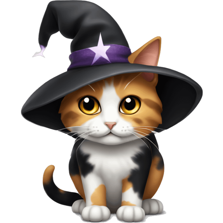 Calico cat wearing a black witches hat with white stars emoji