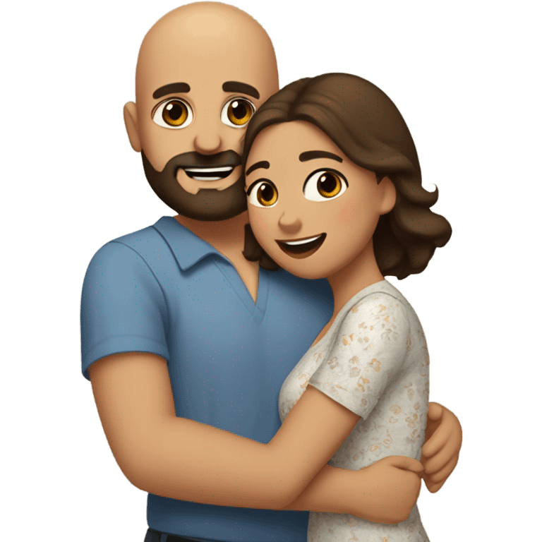 Brown-haired Puerto Rican woman with dark brown eyes wearing a cute blouse giving a comforting hug to a short, bald man with brown eyes, laugh lines, and a beard emoji