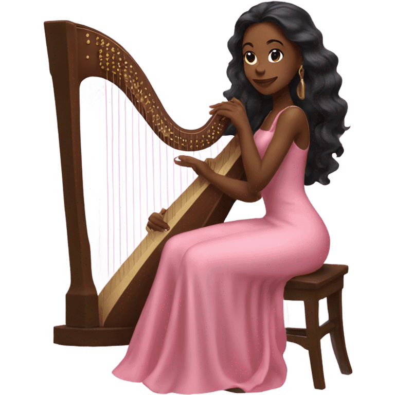 Pretty black women with long hair in a silk pink dress playing the harp sitting down emoji