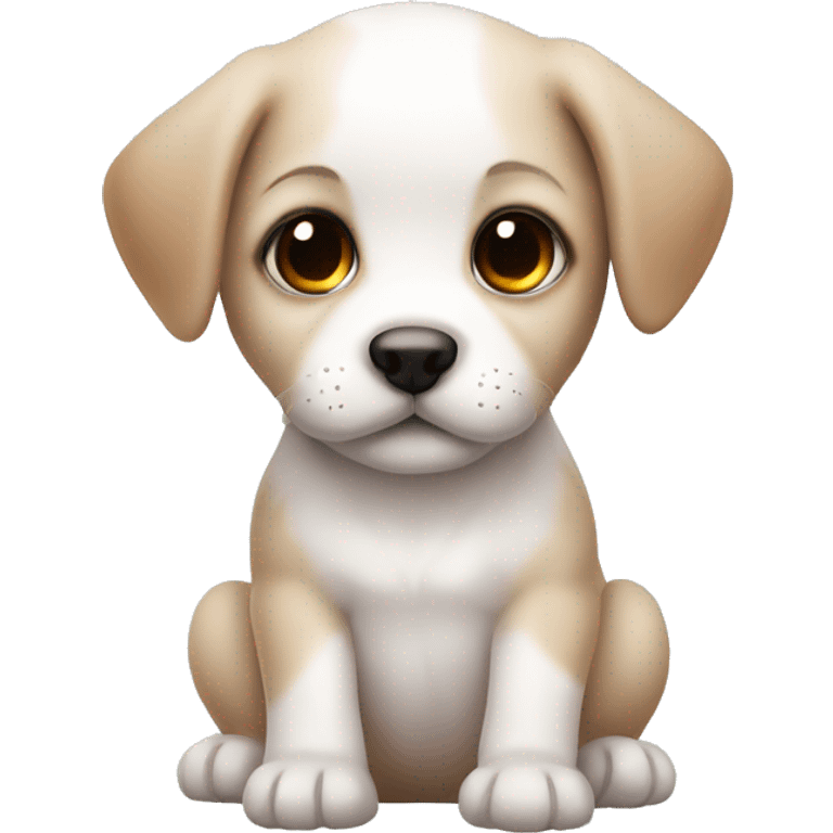 white baby puppy with brown eye patch with blush emoji