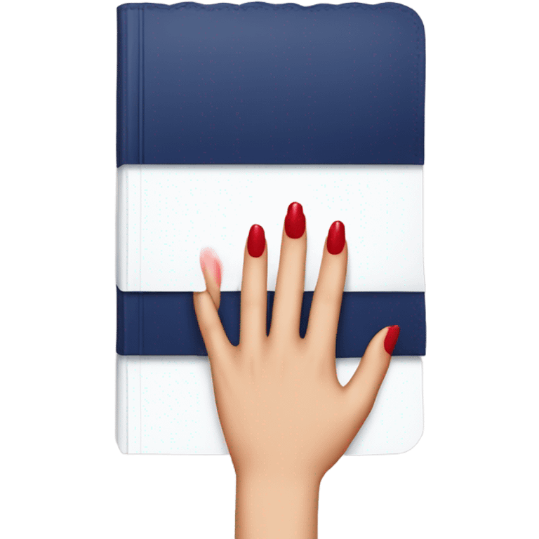 a hand with a red manicure holds a dark blue diary emoji