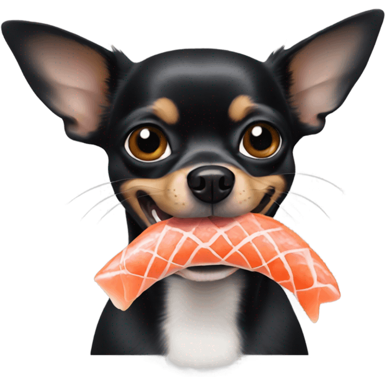 Black chihuahua with salmon in mouth emoji