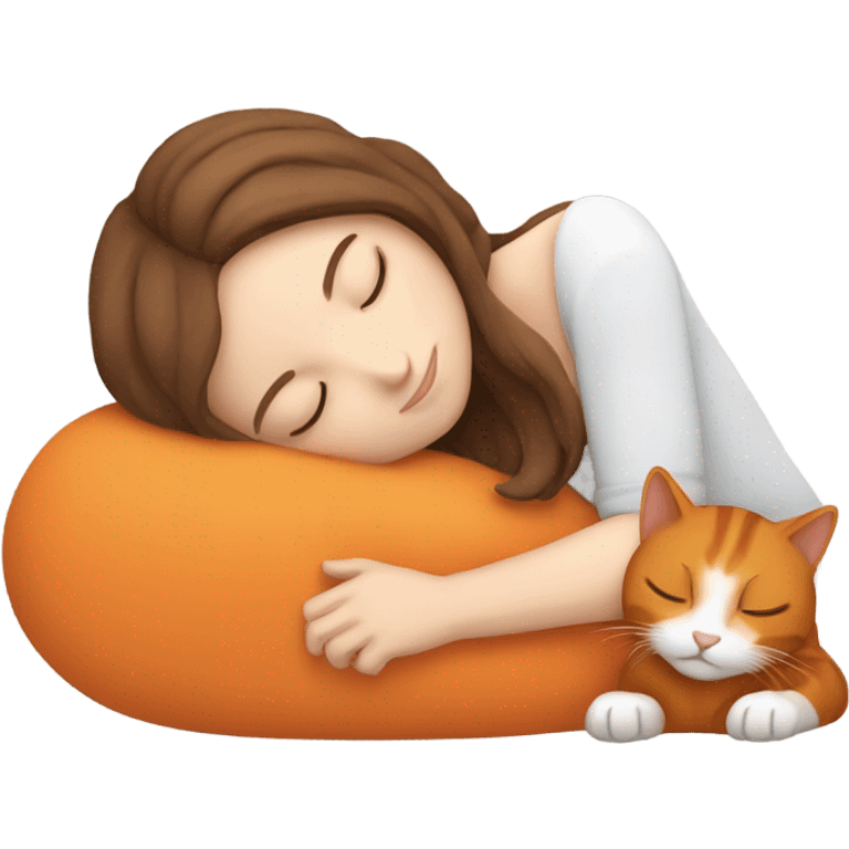 white girl brown hair sleeping with her orange cat emoji