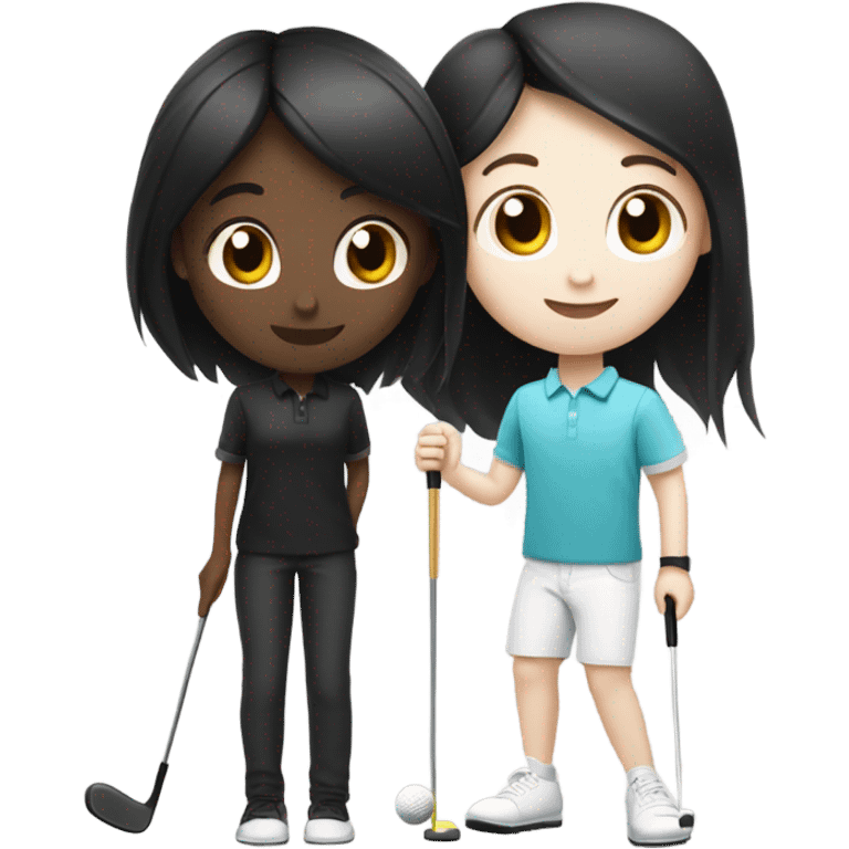 white skin black long hair girl and white skin black hair boy playing mini golf  emoji