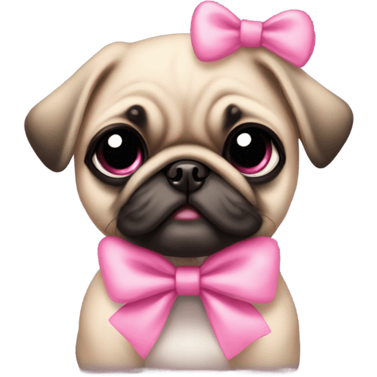 Baby pug with big pink
eyes wearing a pink bow on her head sitting in daisy's  emoji