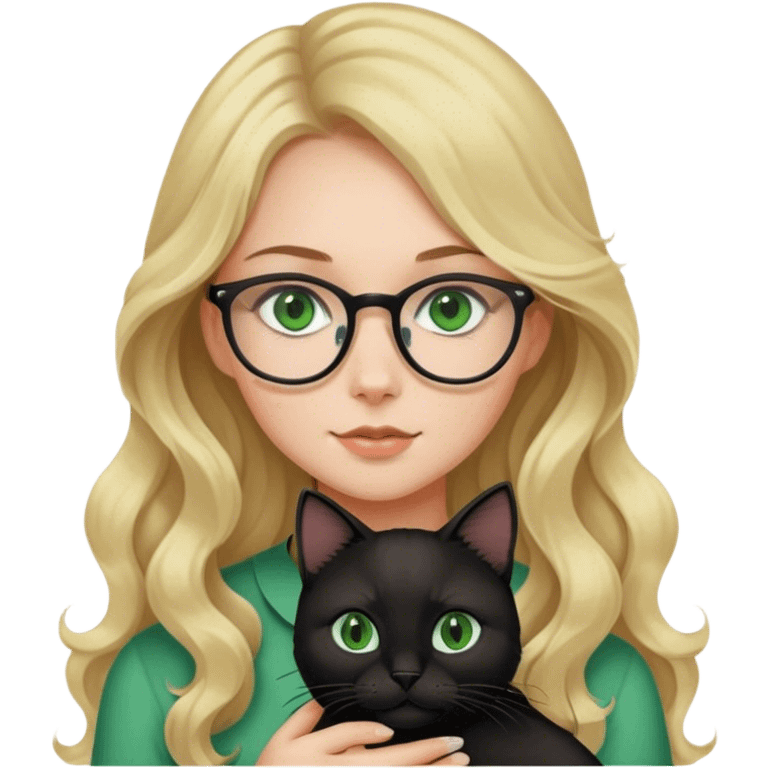 Girl with glasses and long wavy blonde hair and green eyes holding a black cat emoji