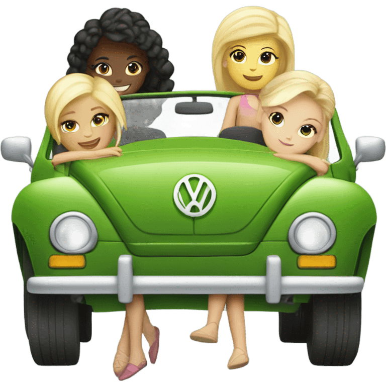 Two Caucasian blonde girls and two Caucasian brunette girls driving a green vw convertible emoji