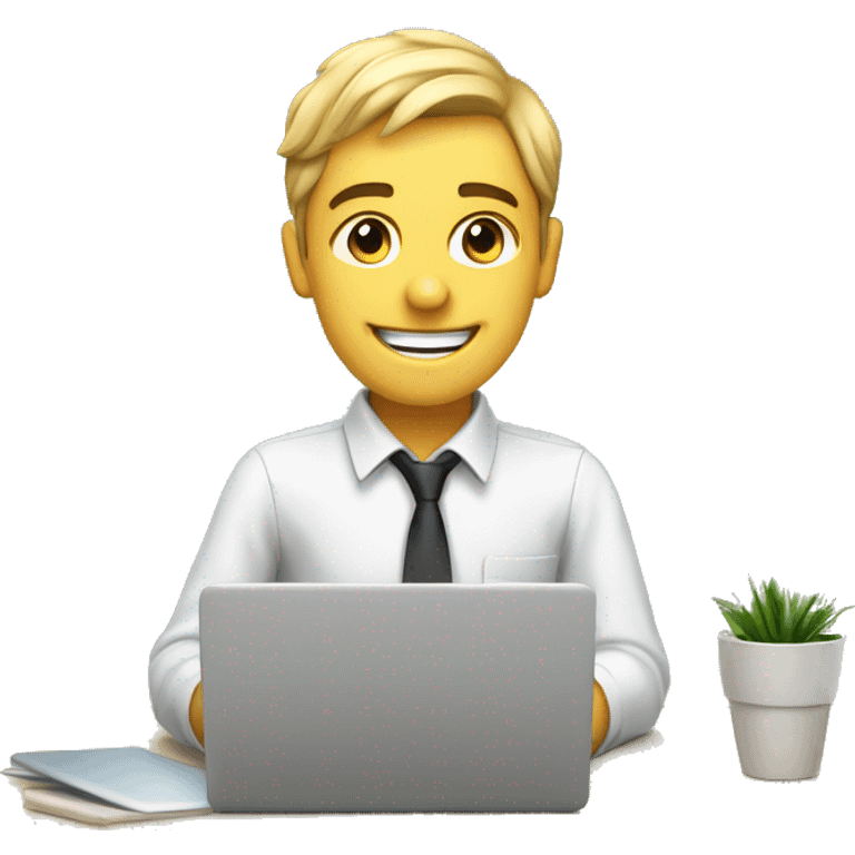 Office boy who does coding on his laptop with happy environment emoji