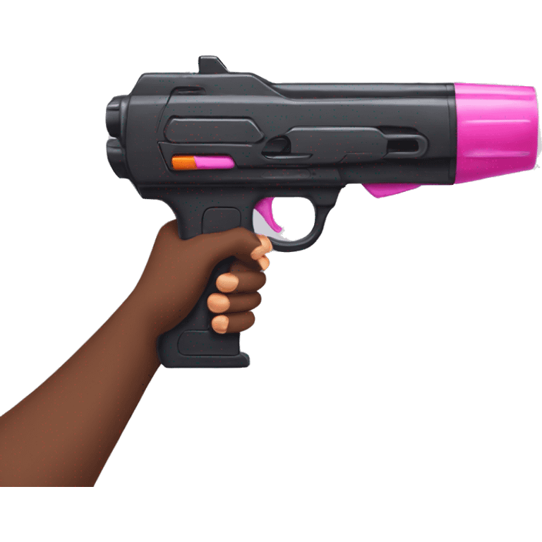 brown hand with pink nails holding large scary dark nerf gun emoji