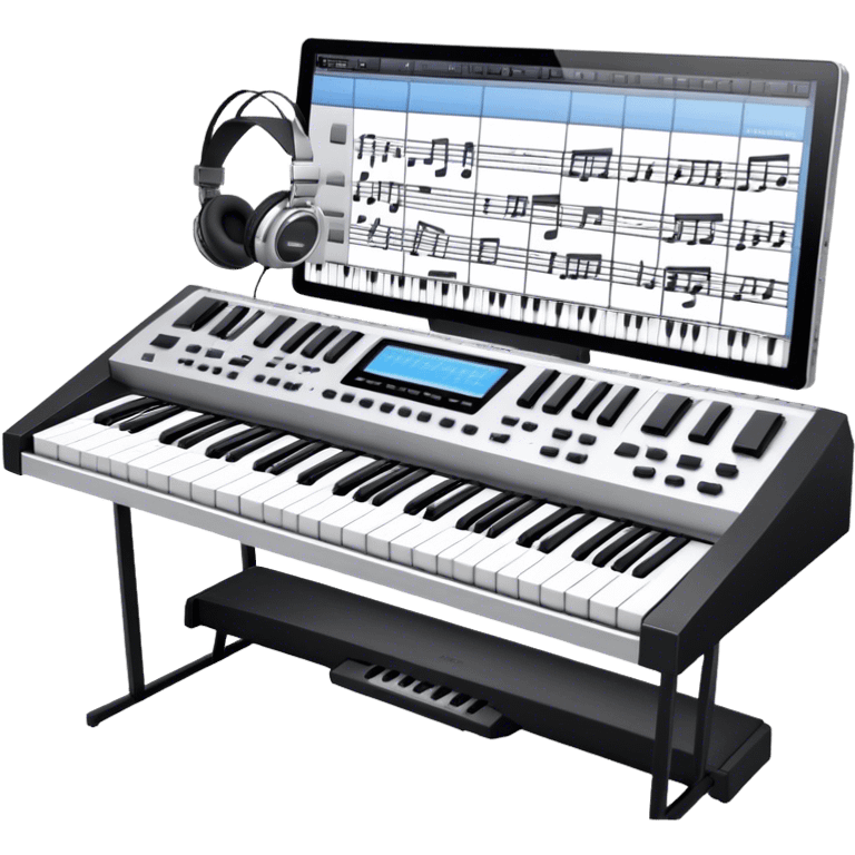 Create a professional and artistic emoji that represents writing music tracks. The design should feature a large monitor displaying musical notes or a score, positioned in front of a professional Korg synthesizer. Add elements like studio headphones, a MIDI keyboard, and an audio interface to symbolize the tools used in music production. Use sleek, modern colors like silver, black, and neon accents to convey the professional environment of music composition. The background should be transparent. emoji