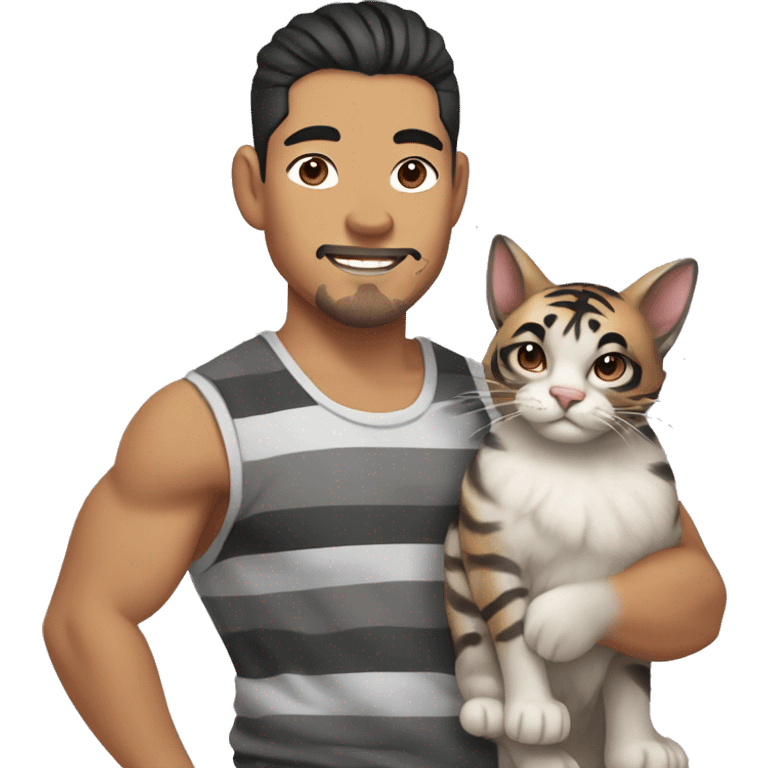  Asian Pilipino man with a few freckles and big muscular calves, a beard and man-bun hair style holding a kitty cat that is grey and black with tiger stripes  emoji