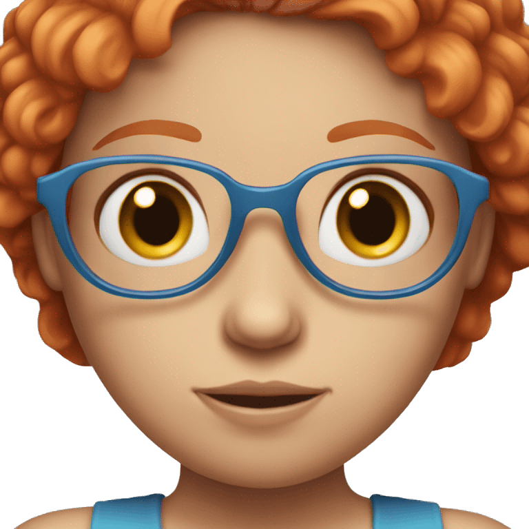 Emoji of a red-haired girl in glasses, wearing a blue dress and holding a pink heart, with a sweet and friendly expression. emoji