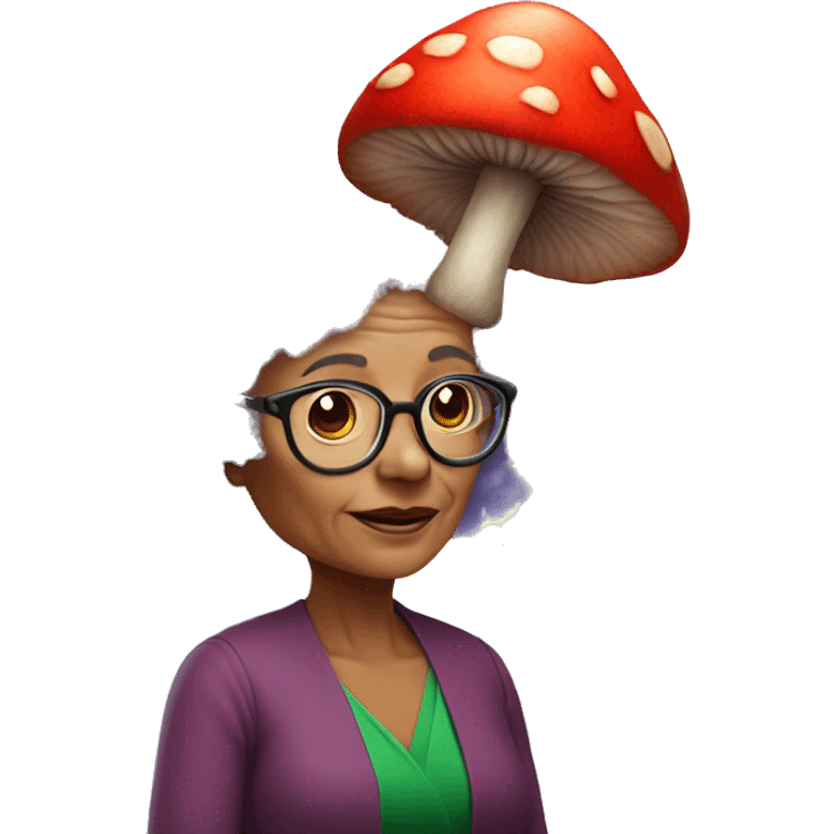 Small elder woman with glasse- lavender fluffy hair- big red mushroom hat- green dress- small mosquito wings emoji