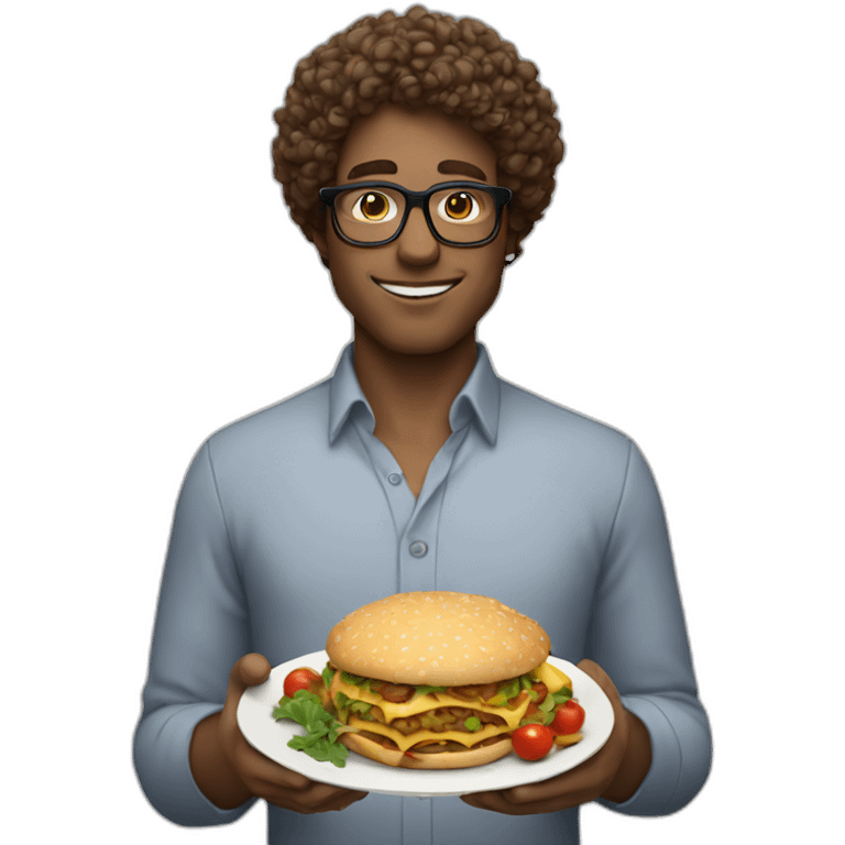 white guy with curly hair wearing glasses with a meal in hands emoji