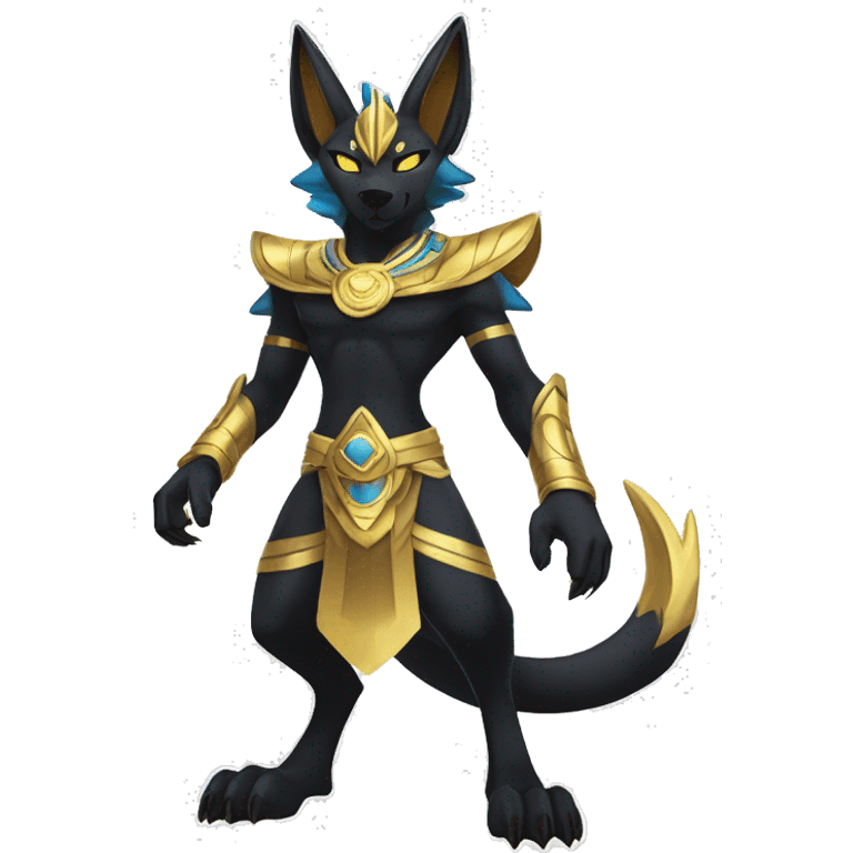 Black godly overpowered ethereal majestic Egyptian Lucario-Litten-Cat-Fakemon. Golden Anubis-Rings and yellow ring-markings. Full body emoji