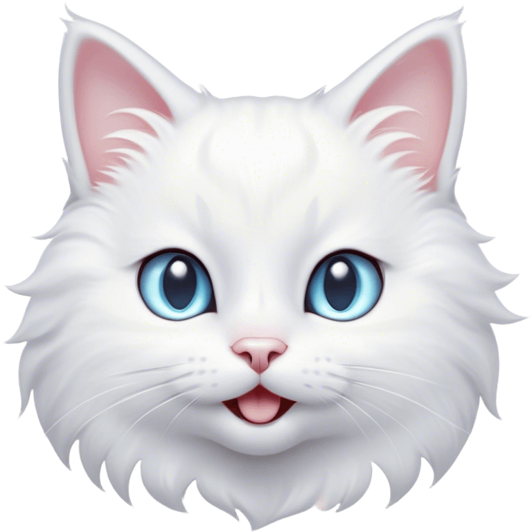 Cinematic Comical White Cat Portrait Emoji, Head tilted in an exaggerated, surprised manner with wide, sparkling eyes, showcasing a pristine white fur with subtle hints of silver and an animated, goofy expression, simplified yet whimsically detailed, glowing with a playful, bright radiance, high shine, exuding a lighthearted and comical charm, styled with a soft glowing outline, capturing the essence of a white cat that looks ready to prance comically off the screen! emoji