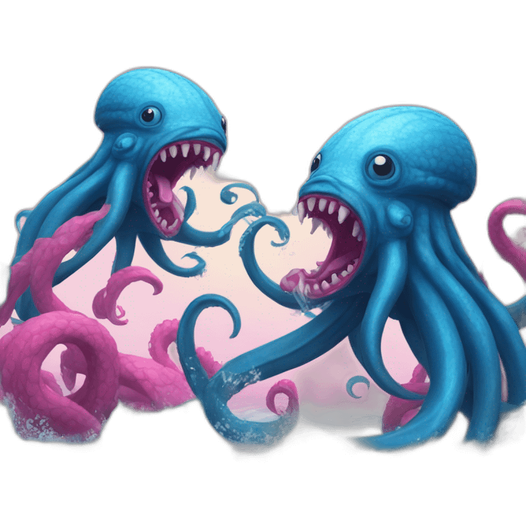 a blue kraken fighting  with another pink kraken emoji