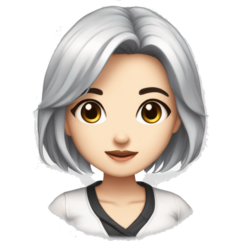 masterpiece, anime style, chibi, illustrated logo, medium short shot, emote for twitch of a 45 year old woman, oval face, black hair, brown eyes, white skin, white shirt, long hair
 emoji