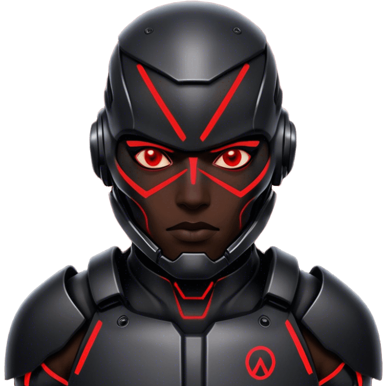 A cyber-warrior with a half-metallic face, neon red lines tracing his black armored skin emoji