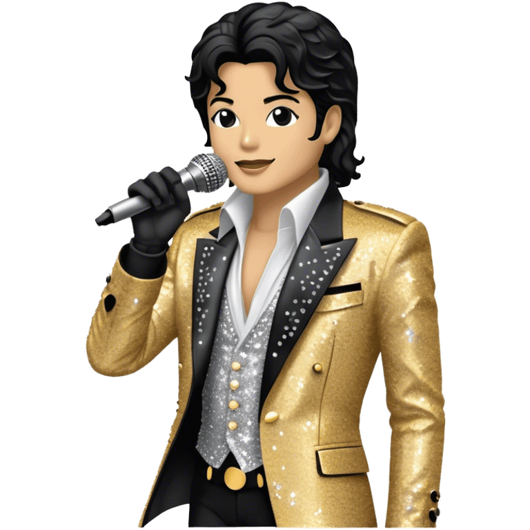 Create a dynamic and stylish emoji representing pop vocal performance with a vintage stage microphone as the central element, surrounded by iconic elements of Michael Jackson’s stage presence. Include a silhouette of his famous glittering jacket or sequined gloves, paired with the microphone to evoke his unique style. Add dramatic musical notes swirling around the microphone and jacket to symbolize the energy and showmanship of pop vocals. Use bold colors like gold, black, silver, and white to reflect the glamour and electrifying performance of a pop legend. The background should be transparent. emoji