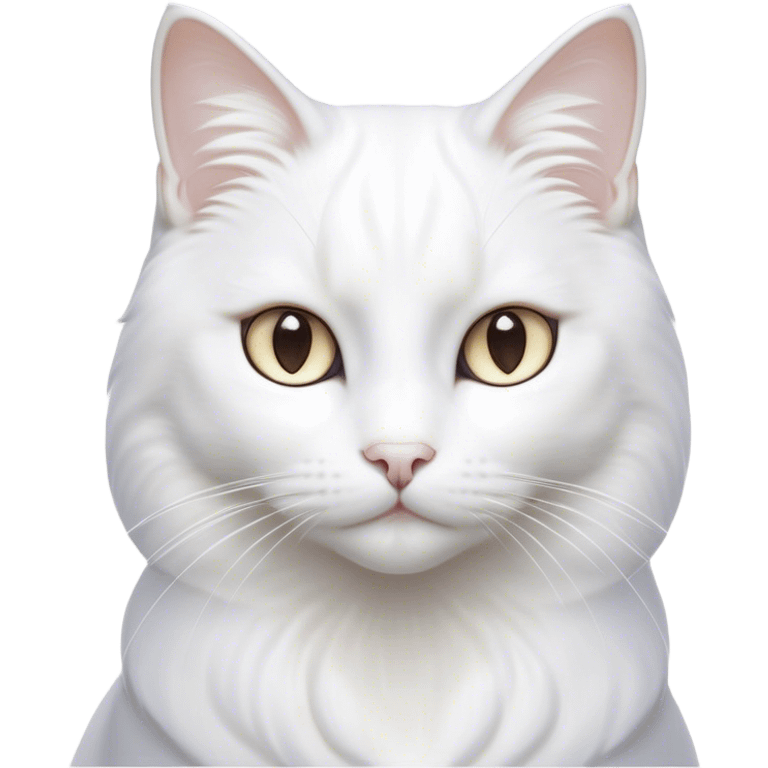 Cinematic Noble White Cat Portrait Emoji, Poised and stately, with a pristine, snow-white fur accented by delicate hints of silver, refined whiskers and a serene, focused gaze, simplified yet impeccably detailed, glowing with an ethereal radiance and timeless elegance, high shine, exuding calm intelligence and regal simplicity, soft glowing outline, capturing the essence of a noble white cat that radiates quiet majesty! emoji