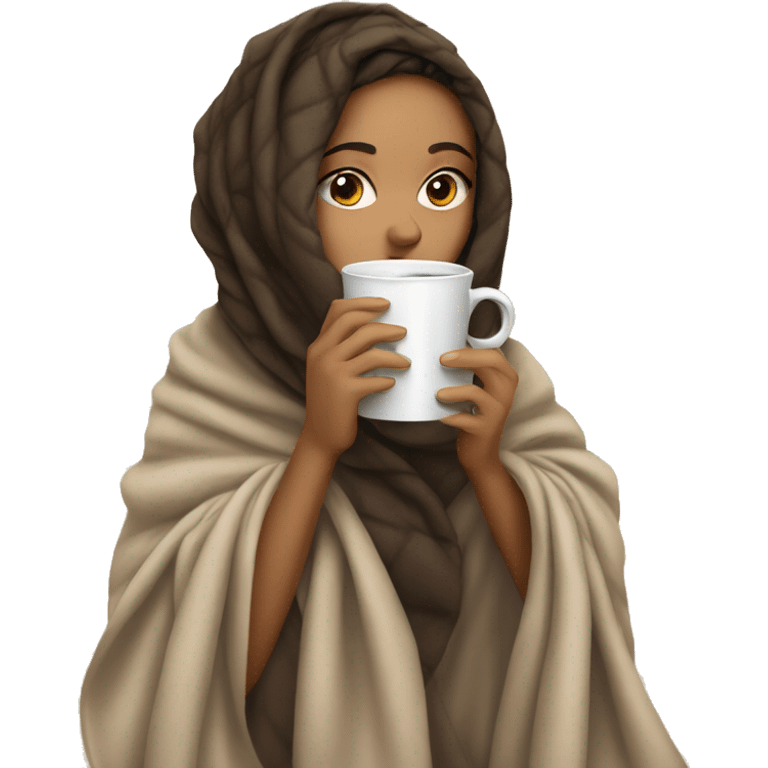 lightskin girl covered in a blanket sipping coffee  emoji