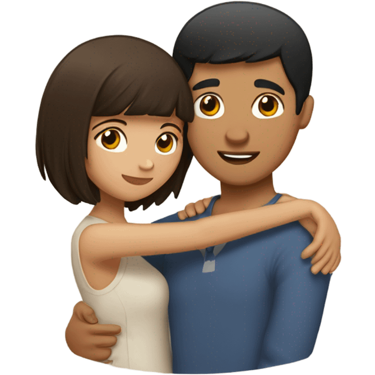 Couple hugging, Latino man with short black hair hugging Filipino girl with short light brown hair and bangs emoji