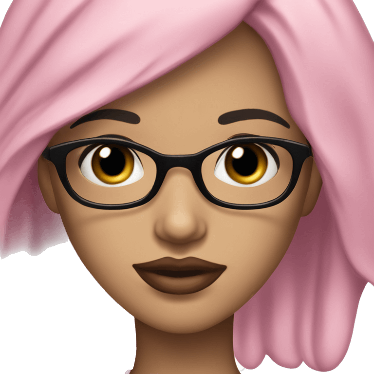 girl short black wavy hair, small nose, slanted eyes, thin eyebrows, thin round black glasses, pink pompous lips emoji