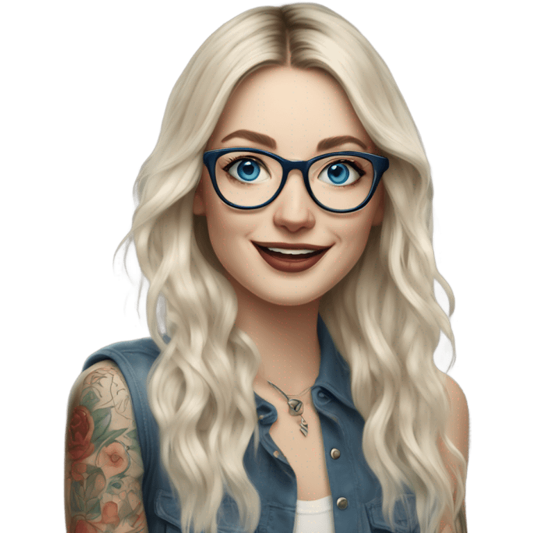 Hyper Realistic Balayage pale beautiful tattooed woman with glasses and blue eyes happy  emoji