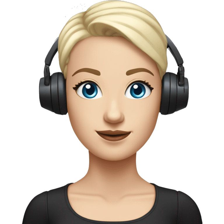 Buzz cut white girl, blue eyes, all black outfit, drone headset placed on TOP of head emoji