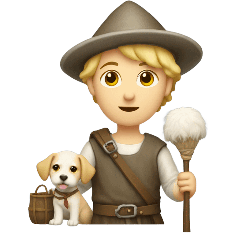 young medieval pilgrim with bag, staff, hat and blond hair and white little dog emoji