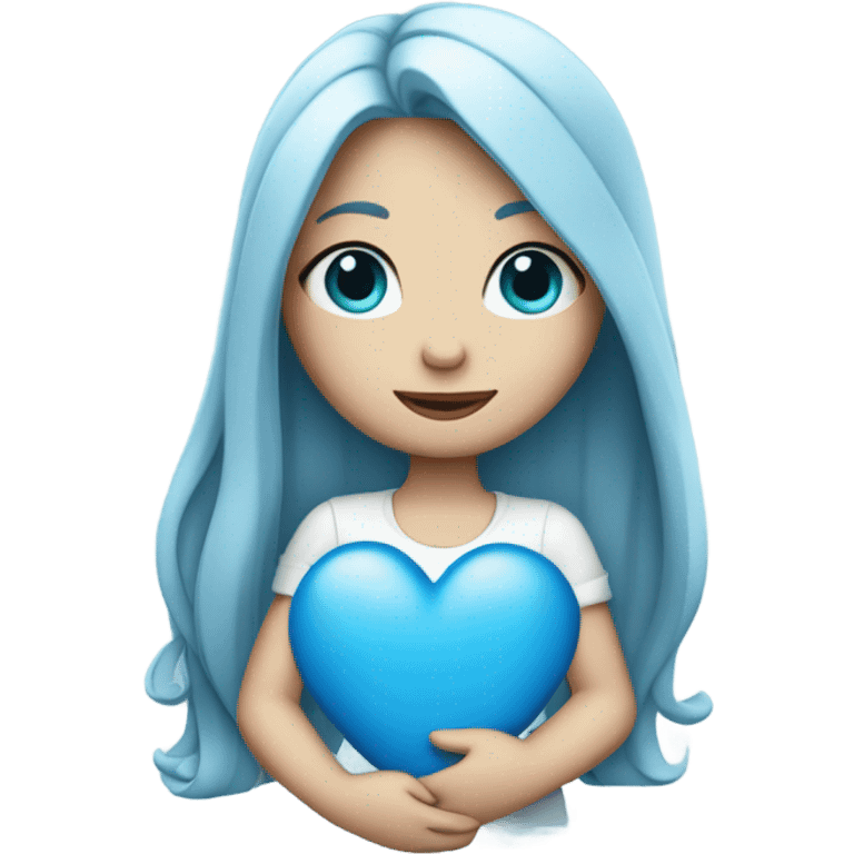 white girl with long blue hair holding a blue heart emoji