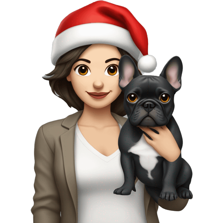 brunette woman with a dark grey French bulldog both wearing Santa hats  emoji