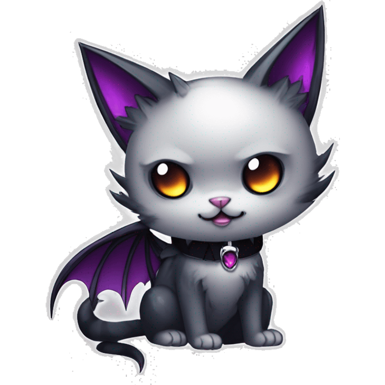   cool edgy kawaii anime-style ethereal dark-punk-themed animal vampiric cat-hybrid Fakemon with fangs and bat-wing-ears with a collar full body emoji