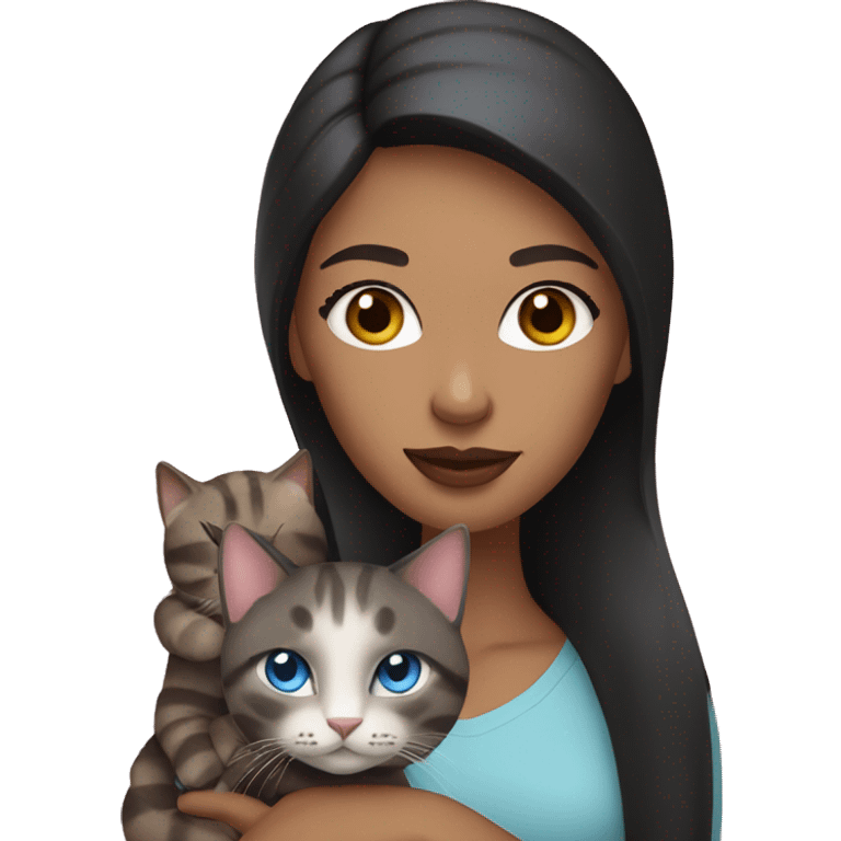 woman with long dark hair, pink lips,and blue eyes holding a tabby cat emoji