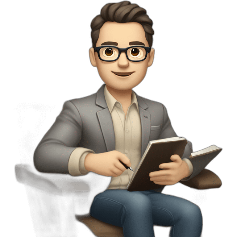 Pale skinned Fit Man With dark brown hair in gray jacket, beige office shirt and vintage glasses sitting In a soft chair with a notebook with emblem Ψ and a pen in his hands emoji